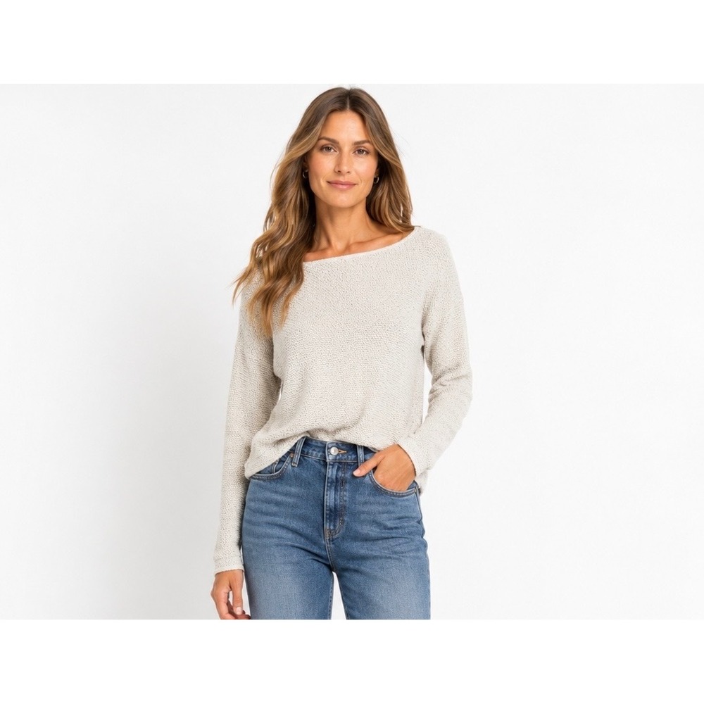 HM Women Beige Textured Knit Boat Neck Sweater Curved Hem Large